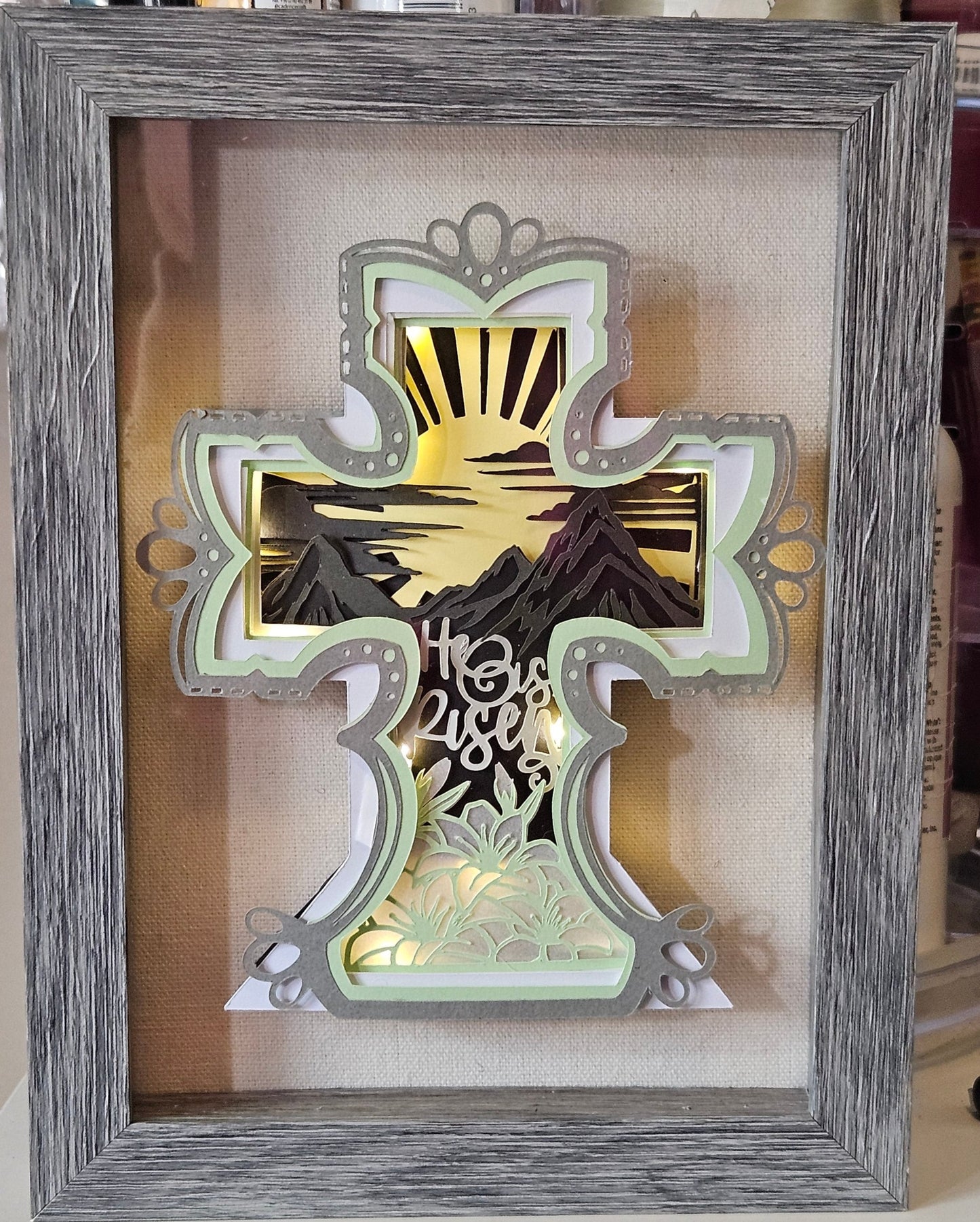 Lighted He is Risen Cross Shadow Box