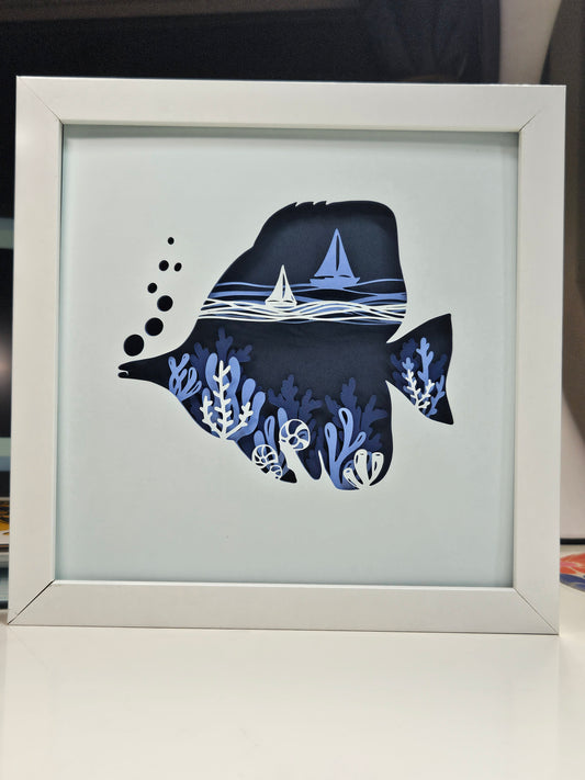 Tang Fish with coral and sail boats